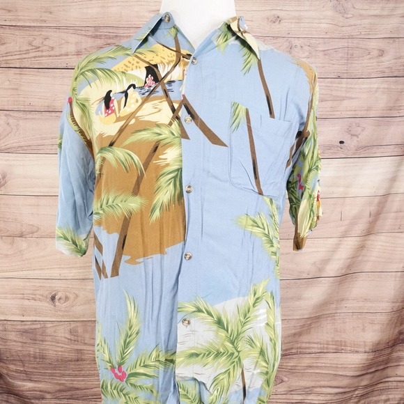 ROUNDY BAY 100% RAYON FLORAL PALM TRESS HAWAIIAN BUTTON UP SHIRT MENS L LARGE - Picture 3 of 7